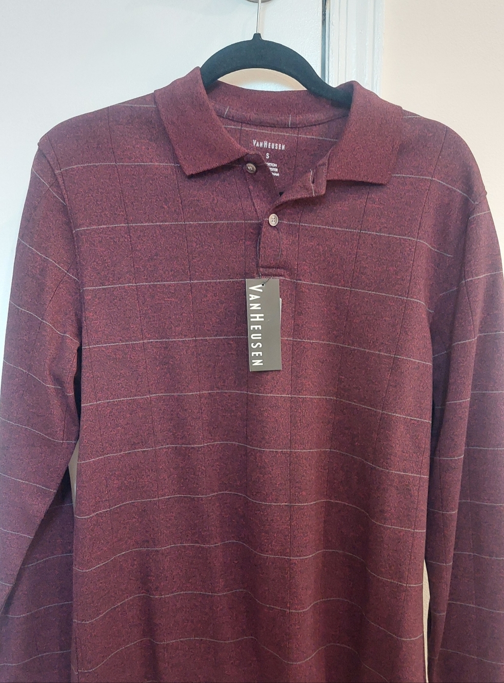 Van Heusen Men's Burgundy Windowpane Long-Sleeve Polo Shirt